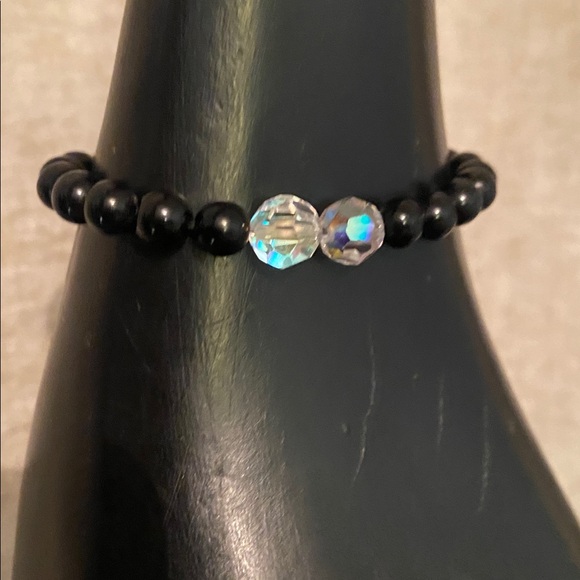 Elegant Black obsidian and Clear Beaded Sparkling Crystal Bracelet - Picture 1 of 6